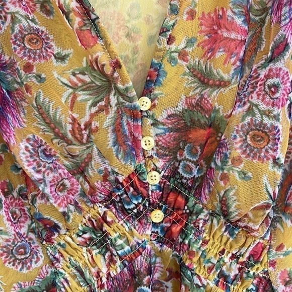 Anthropologie Gretchen Yellow Mesh Floral Print Smocked Top Blouse - Picture 4 of 9